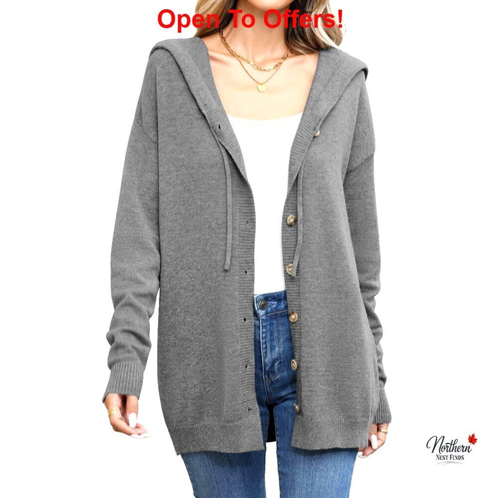 Long Sleeve V-Neck Hooded Cardigan, Regular Fit, Button Front, Casual Sweater